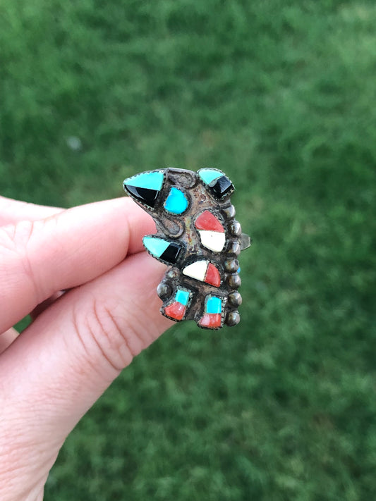 Vintage Sterling Multi-Stone Native American Mosaic Dancer Kachina Ring