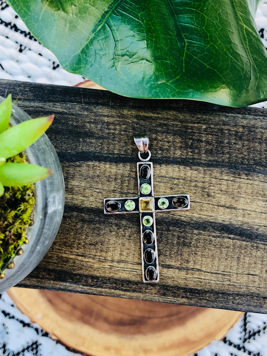 Beautiful Sterling Multi-Stone Cross Pendant signed by artist