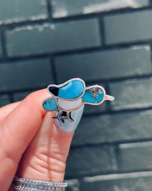 Vintage Sterling Silver Turquoise and Mother of Pearl Bird Ring