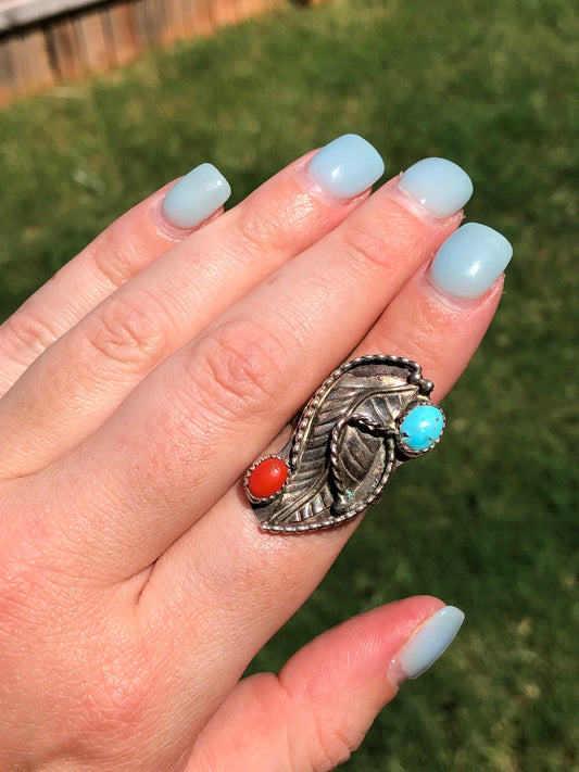 Sterling Silver Turquoise and Coral Navajo Signed by Artist Ring