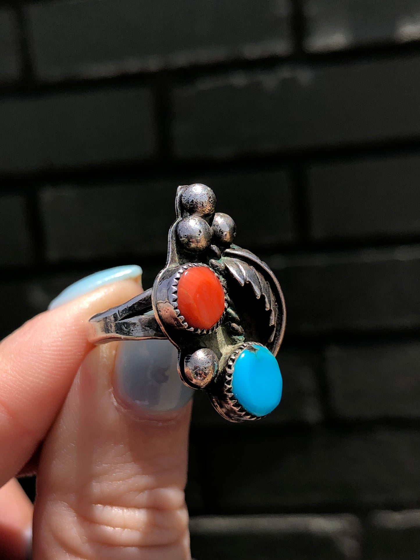 Sterling Turquoise and Coral Ring