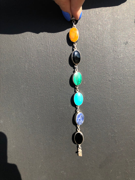 Vintage Sterling Silver Multi-Gemstone Link Bracelet