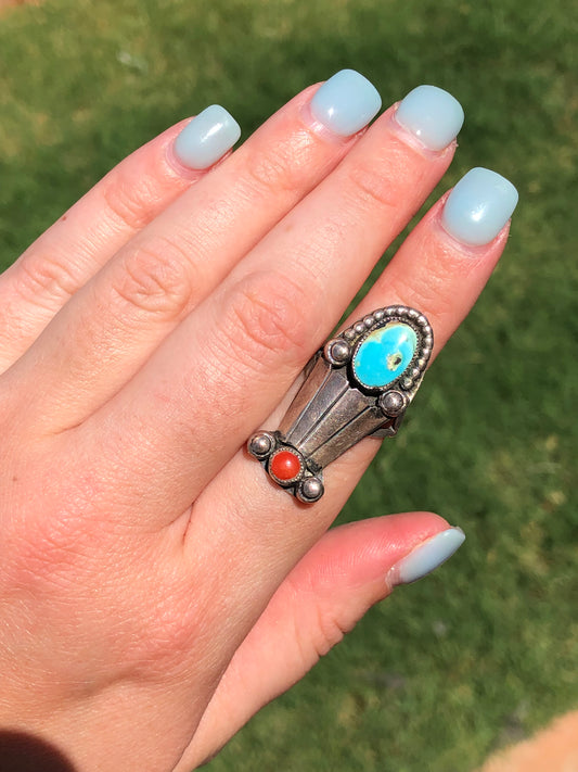 Vintage Sterling Silver Turquoise and Coral Native American Ring