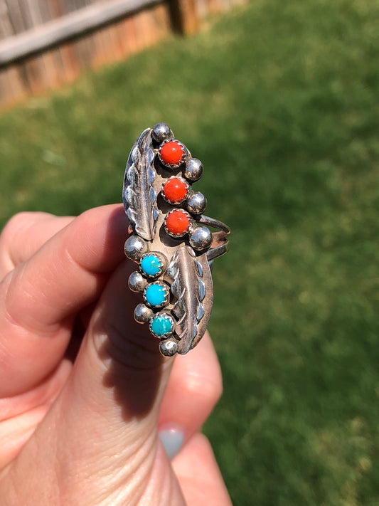 Sterling Silver Turquoise and Coral Signed Ring