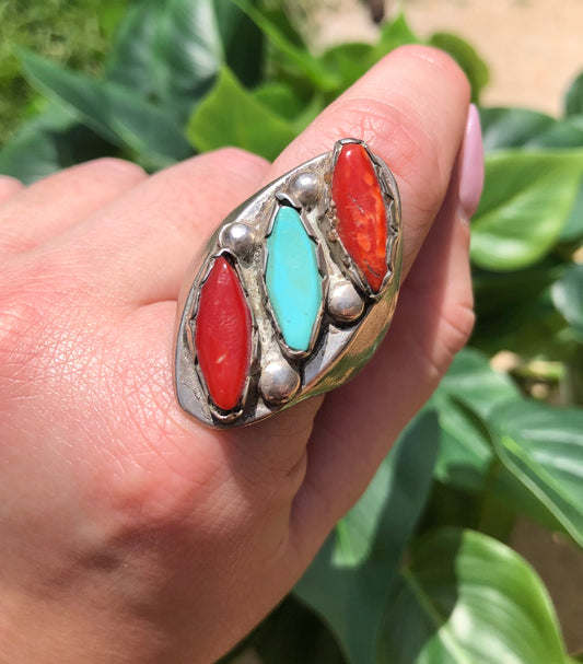 Sterling Coral and Turquoise Ring