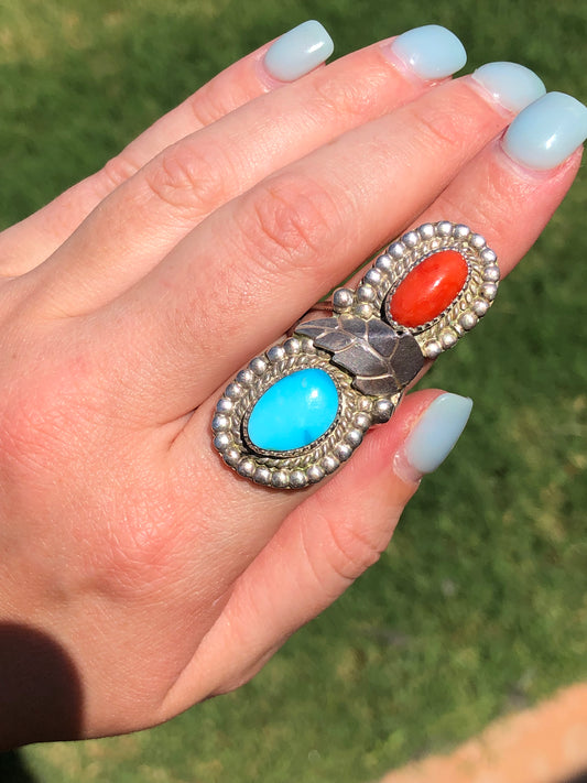 Large Vintage Sterling Silver Turquoise and Coral Handmade Ring