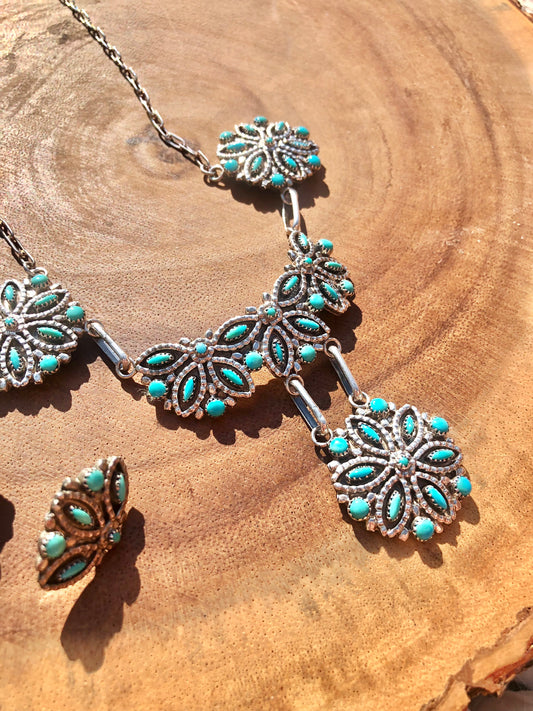 Sterling Zuni Turquoise Matching Necklace & Earring Set Signed by Artist