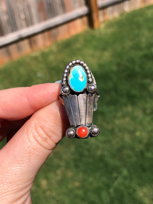 Vintage Sterling Silver Turquoise and Coral Native American Ring