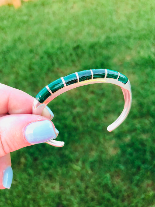 Vintage Sterling Silver Malachite Inlay Cuff Bracelet