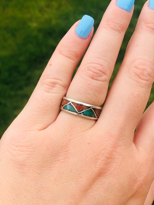 Eternity Sterling Silver Coral and turquoise Chip Inlay Ring