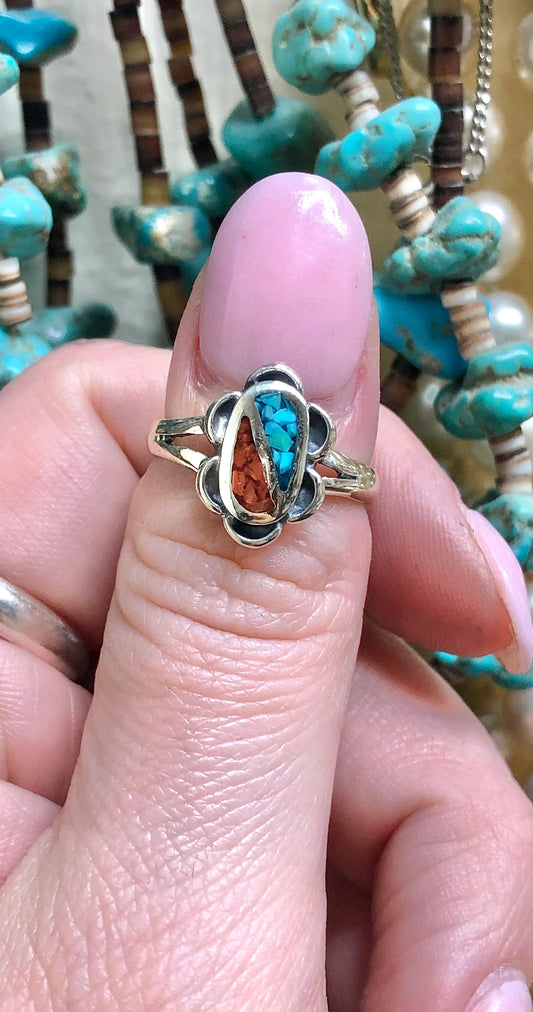 Sterling Coral and Turquoise Inlay Ring