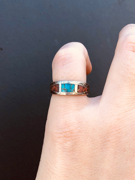 Sterling Turquoise & Coral Inlay Ring