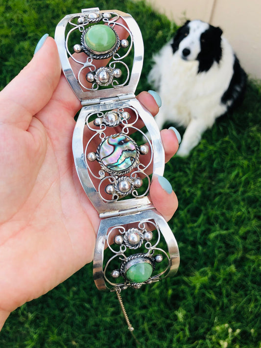 Old Victorian Sterling Silver Abalone Shell and Jade Bracelet Signed