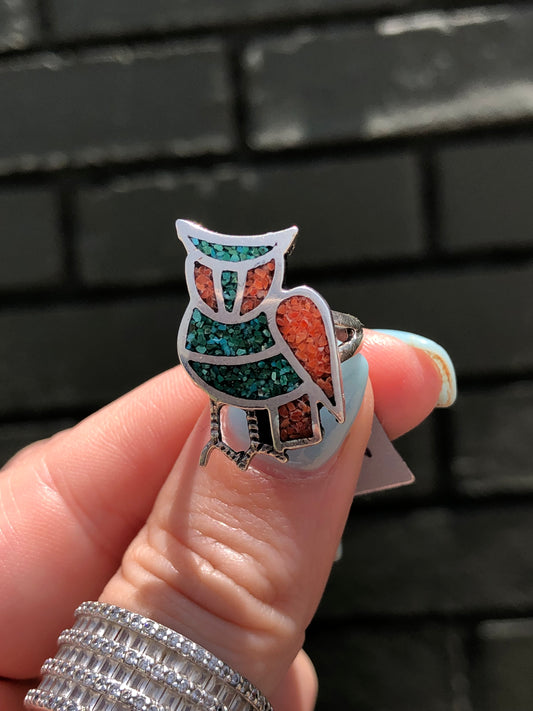 Vintage Sterling Silver Turquoise and Coral Inlay Owl Ring