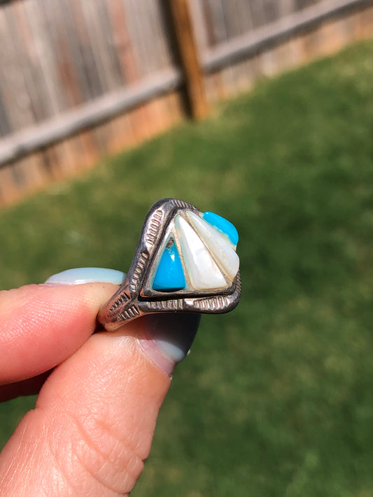 Old Pawn Sterling Silver Mother of Pearl and Sleeping Beauty Turquoise Ring