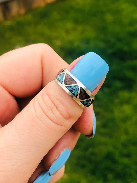 Old Pawn Sterling Silver Eternity Coral and Turquoise Chip Inlay Ring