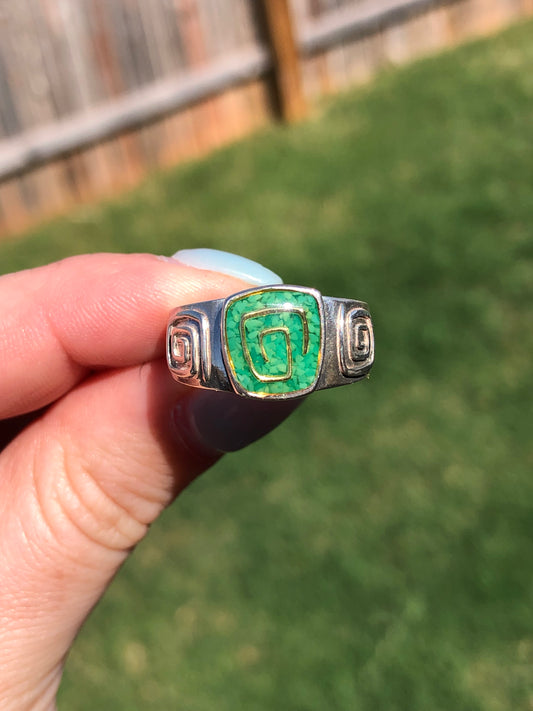 Vintage Sterling Silver Signed Green Inlay Ring