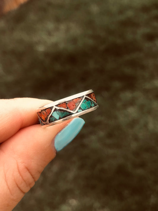 Eternity Sterling Silver Coral and turquoise Chip Inlay Ring