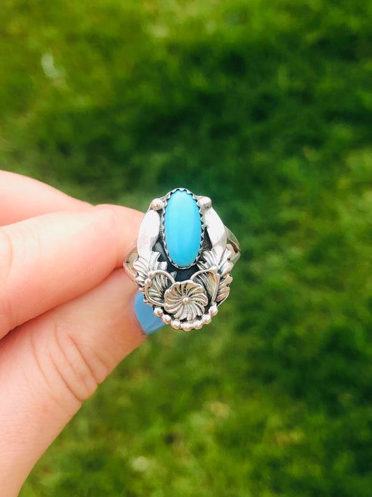 Vintage Sterling Silver Sleeping Beauty Turquoise Signed Ring